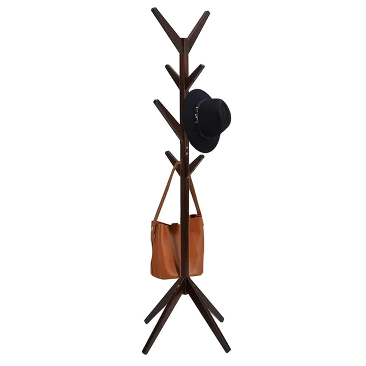 Naayaab Craft Coat Rack Free Standing Bamboo Coat Stand with 8 Hooks For Organize Hats Scarves, Clothes, Handbags for Entry Hallway Bedroom Reception Room - Dark Brown - Size (45 x 45 x 175 cm)