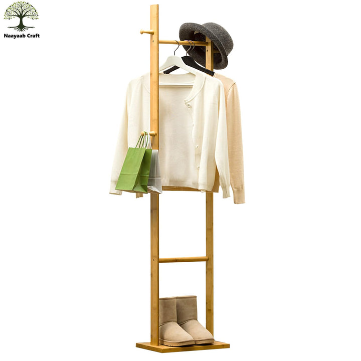 Naayaab Craft Premium Bamboo Wooden Clothes Stand with 3 Hooks & Bottom Shelves for Bedroom, Entryway, Livingroom & Office, Coat Tree Stand Rack for Hat, Scarves & Handbags - (33 x 24 x 163)CM - Beige
