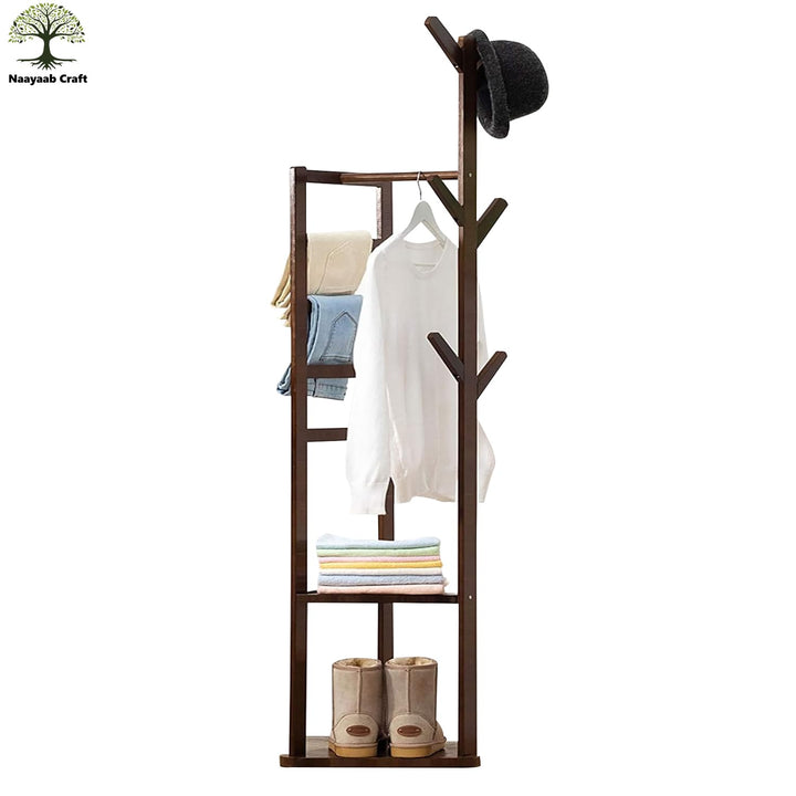 Naayaab Craft Premium Bamboo Wooden Coat Rack Stand with 6 Hooks, 4 Trouser Racks & 2 Storage Shelf, Multipurpose Freestanding Storage Organiser Garment Stand (36 x 36 x 168) CM - Light Brown