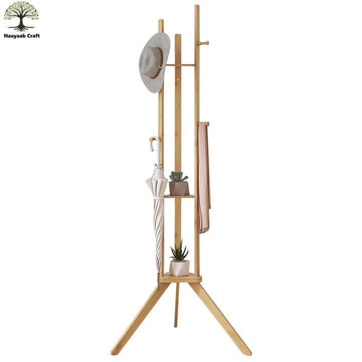 Naayaab Craft Multipurpose Bamboo Coat Hanger Stand with 3 Shelf for Hats, Bags, Coats, Scarves, Jackets & Umbrellas, Corner Coat Rack for Bedroom, Living Room Or Entryway (45 x 45 x 167) CM - Beige