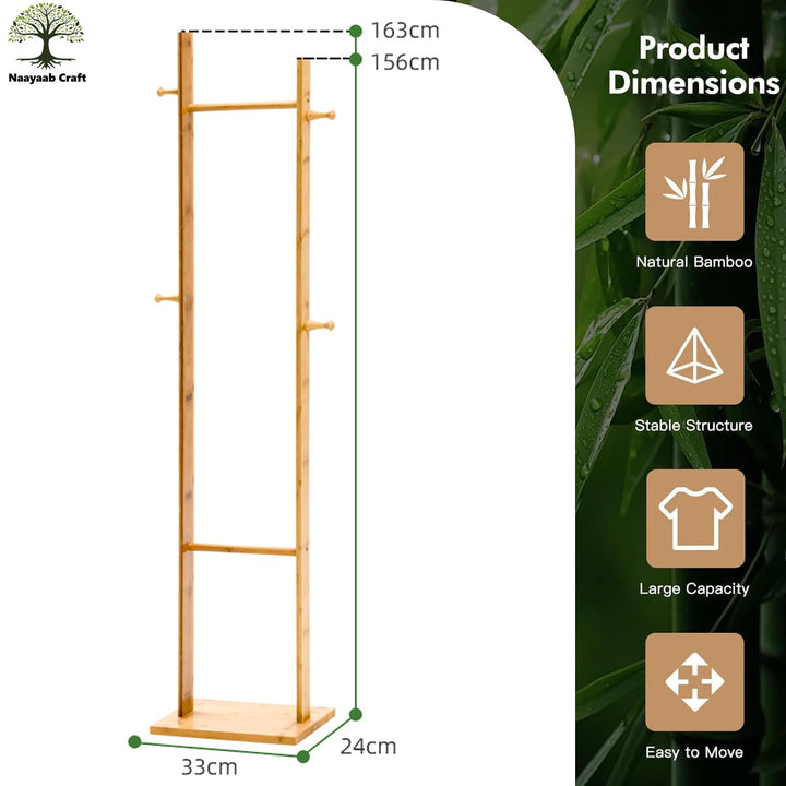 Naayaab Craft Premium Bamboo Wooden Clothes Stand with 3 Hooks & Bottom Shelves for Bedroom, Entryway, Livingroom & Office, Coat Tree Stand Rack for Hat, Scarves & Handbags - (33 x 24 x 163)CM - Beige