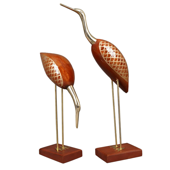 Naayaab Craft Wooden Decorative Love Birds for Home, Brass Swan Crane Showpiece, Antique Decorative Saras for Home Decor - Set of 2 (16inch)