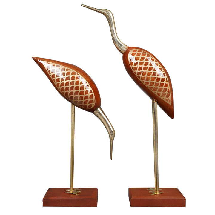 Naayaab Craft Wooden Decorative Love Birds for Home, Brass Swan Crane Showpiece, Antique Decorative Saras for Home Decor - Set of 2 (16inch)