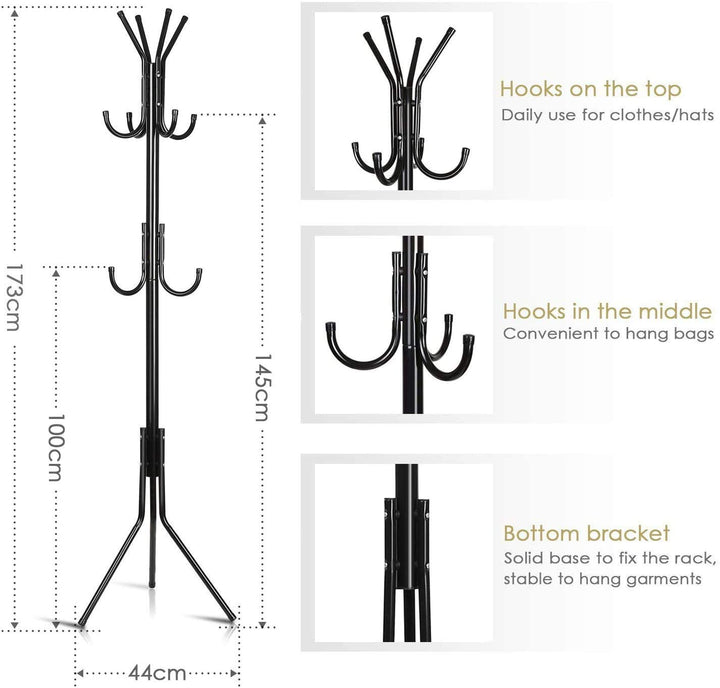 LEOPAX 8 Hook Metal Coat Stand | Coat Hanger for Hanging Clothes,Hats,Bag,Umbrella,Towels |Tree Standing Coat Rack | Clothing Rack, Modern Coat Hanger Stand for Home, Bedroom,Office(Black), Cm