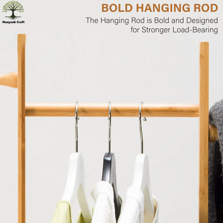 Naayaab Craft Premium Bamboo Wooden Clothes Stand with 3 Hooks & Bottom Shelves for Bedroom, Entryway, Livingroom & Office, Coat Tree Stand Rack for Hat, Scarves & Handbags - (33 x 24 x 163)CM - Beige