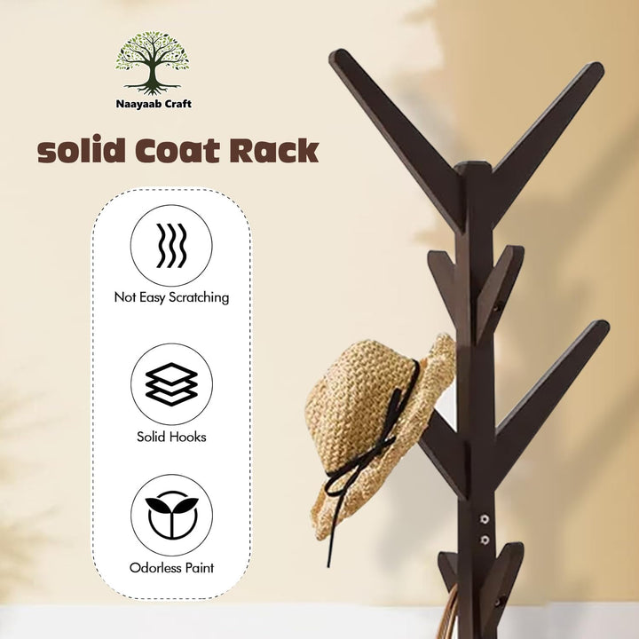Naayaab Craft Coat Rack Free Standing Bamboo Coat Stand with 8 Hooks For Organize Hats Scarves, Clothes, Handbags for Entry Hallway Bedroom Reception Room - Dark Brown - Size (45 x 45 x 175 cm)