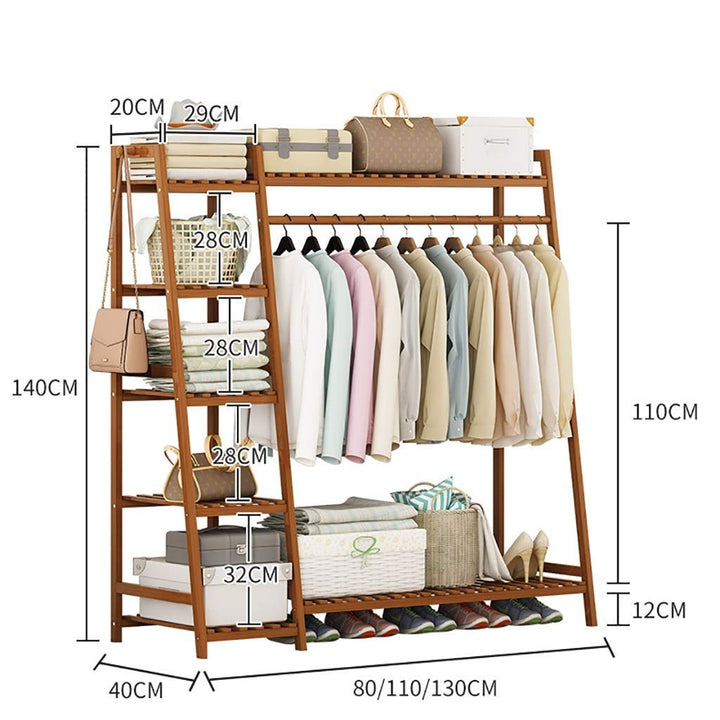 Naayaab Craft Bamboo Clothes Rack Heavy Duty Garment Stand Coat Hanging Stand, 5 Tier Storage Shelves Closet Organizer for Bedroom, Living Room & Entryway - (Size : 130 * 40 * 140cm)