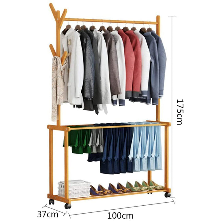 Naayaab Craft Bamboo Rolling Cloth Hanging Rail with 2 Shelves 4 Hooks | Garment Rack for Shoes, Hats and Scarves, in The Hallway, Living Room, Guest Room - Size (100 x 37 x 175cm) Beige