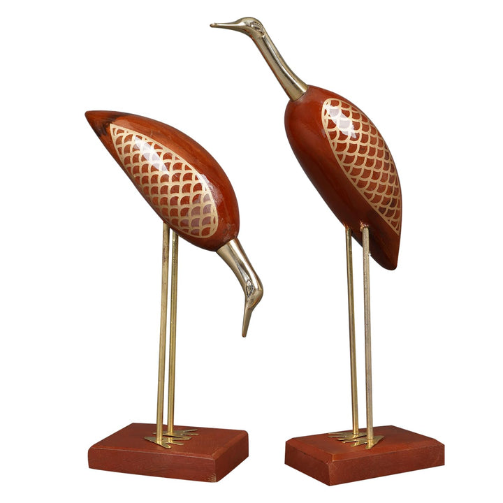 Naayaab Craft Wooden Decorative Items for Home, Brass Swan Crane, Love Birds Showpiece, Antique Decorative Saras for Home Decor - Set of 2 (12inch)