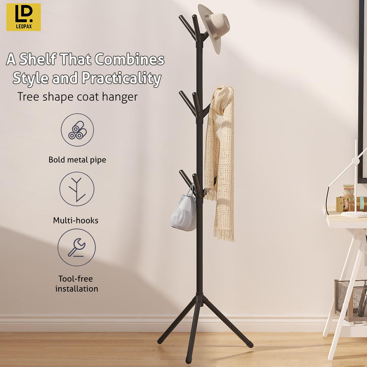 LEOPAX Metal 9 Hook Coat Hanger Stand for Hanging Clothes, Hats, Bag, Umbrella, Towels |Tree Standing Clothes Stand|Garment Rack, Modern Coat Stand for Home Living Room - Black, 450 x 450 x 1680 mm