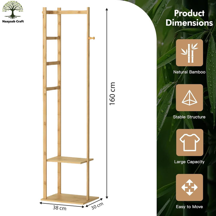 Naayaab Craft Freestanding Bamboo Wooden Corner Coat Hanger Stand with 2 Shelf, 3 Trouser Rod & 3 Hooks for Entryway, Living Room, Bedroom & Office (38 x 30 x 160) CM - Beige