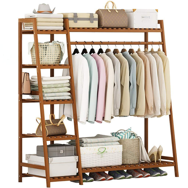 Naayaab Craft Bamboo Clothes Rack Heavy Duty Garment Stand Coat Hanging Stand, 5 Tier Storage Shelves Closet Organizer for Bedroom, Living Room & Entryway - (Size : 130 * 40 * 140cm)