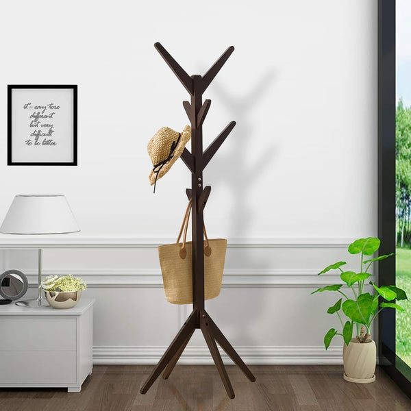 Naayaab Craft Coat Rack Free Standing Bamboo Coat Stand with 8 Hooks For Organize Hats Scarves, Clothes, Handbags for Entry Hallway Bedroom Reception Room - Dark Brown - Size (45 x 45 x 175 cm)