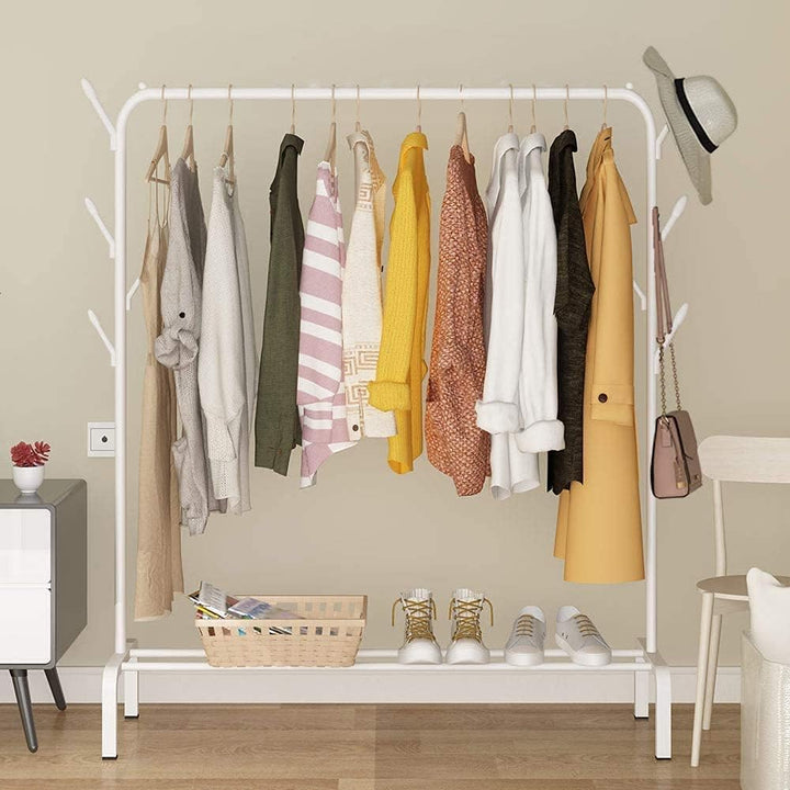 LEOPAX Heavy Duty Metal Coat Garment Rack with 6 Hooks, Top Rod and Lower Storage Shelf for Bedroom, Living Room and Entryway - (White) Size (107 x 40 x 150cm)