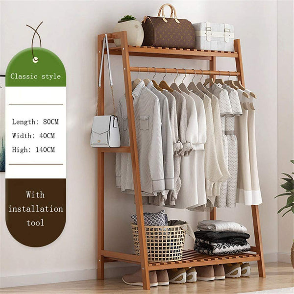 Naayaab Craft Alpine Bamboo Multifunctional Cloth, Coat Stand with Rack, Top, Shoe Shelf with 2 Hook Clothing Storage Organizer for Hallway, Living Room (Wooden, L:- 80 x W:- 40 x H:- 140 cm)