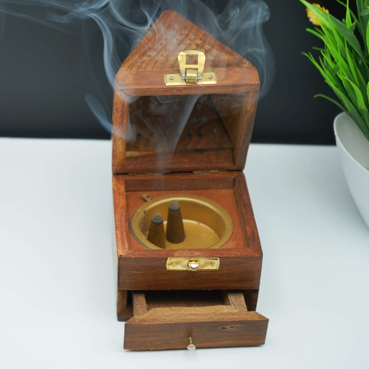 Naayaab Craft Pakka Sheesham Wood Agarbatti Incense Stick Box and Dhoop Stand Ash Catcher Decorative Handicraft Incense Holder - Large (10 x 10 x 18cm)(Conical)