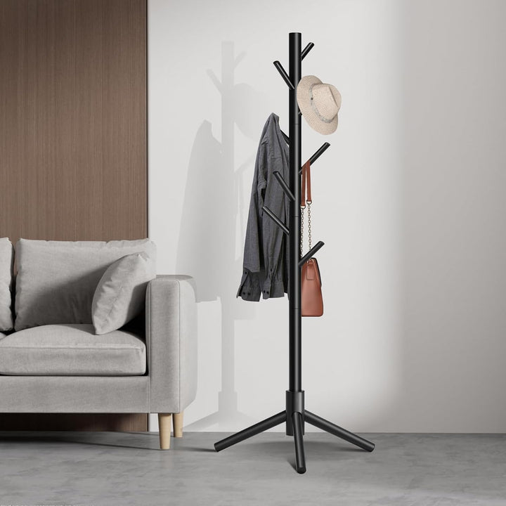 LEOPAX Premium Bamboo Wooden Coat Rack Stand, Freestanding Clothes Rack with 8 Hooks,Garment Stand for Coats, Hats, Scarves & Handbags Dress Hanging Stand - (50 x 50 x 170) CM - Black