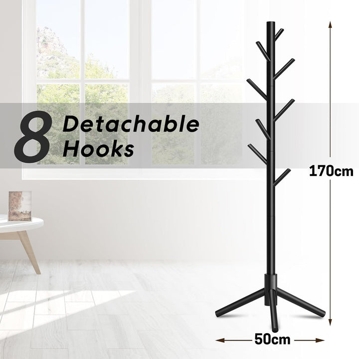 LEOPAX Premium Bamboo Wooden Coat Rack Stand, Freestanding Clothes Rack with 8 Hooks,Garment Stand for Coats, Hats, Scarves & Handbags Dress Hanging Stand - (50 x 50 x 170) CM - Black