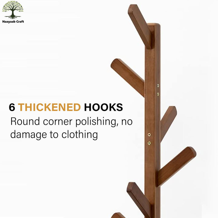 Naayaab Craft Premium Bamboo Wooden Coat Rack Stand with 6 Hooks, 4 Trouser Racks & 2 Storage Shelf, Multipurpose Freestanding Storage Organiser Garment Stand (36 x 36 x 168) CM - Light Brown