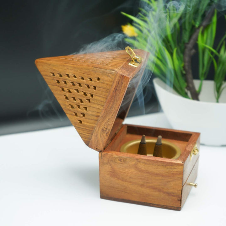 Naayaab Craft Pakka Sheesham Wood Agarbatti Incense Stick Box and Dhoop Stand Ash Catcher Decorative Handicraft Incense Holder - Large (10 x 10 x 18cm)(Conical)