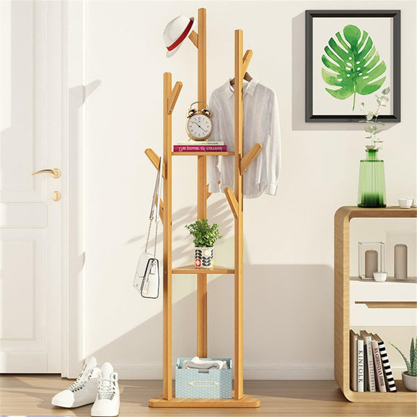 Naayaab Craft Rolling Bamboo Garment Rack, Clothes Hanging Rail with 2 Shelves and 4 Hooks, for Hanger, Shoes, Hats and Scarves, Clothing Stand (3 -Tier Coat Stand With Hooks)