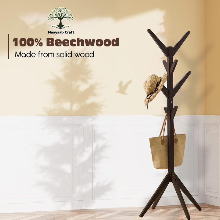 Naayaab Craft Coat Rack Free Standing Bamboo Coat Stand with 8 Hooks For Organize Hats Scarves, Clothes, Handbags for Entry Hallway Bedroom Reception Room - Dark Brown - Size (45 x 45 x 175 cm)