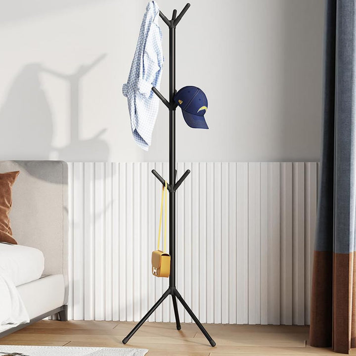 LEOPAX Metal 9 Hook Coat Hanger Stand for Hanging Clothes, Hats, Bag, Umbrella, Towels |Tree Standing Clothes Stand|Garment Rack, Modern Coat Stand for Home Living Room - Black, 450 x 450 x 1680 mm