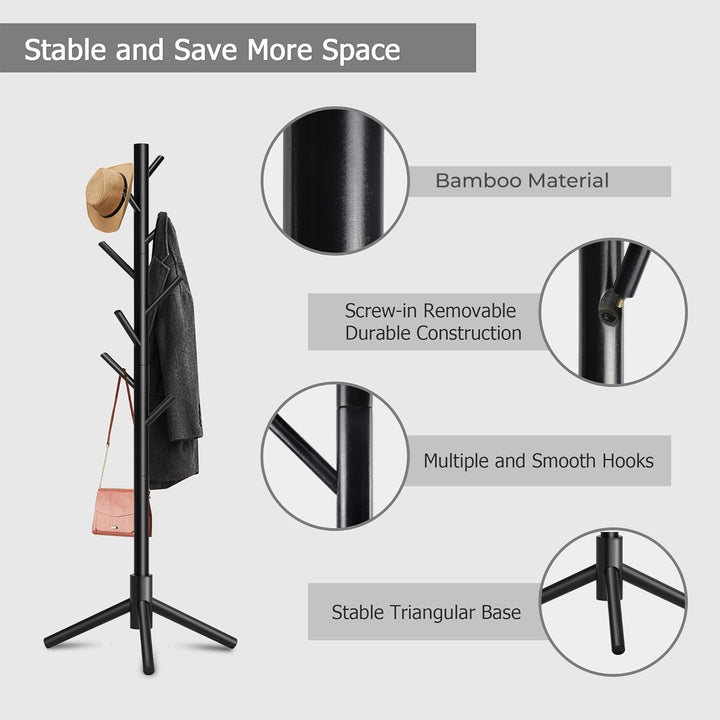 LEOPAX Premium Bamboo Wooden Coat Rack Stand, Freestanding Clothes Rack with 8 Hooks,Garment Stand for Coats, Hats, Scarves & Handbags Dress Hanging Stand - (50 x 50 x 170) CM - Black