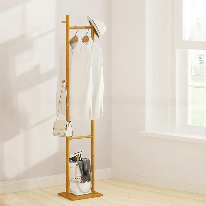 Naayaab Craft Premium Bamboo Wooden Clothes Stand with 3 Hooks & Bottom Shelves for Bedroom, Entryway, Livingroom & Office, Coat Tree Stand Rack for Hat, Scarves & Handbags - (33 x 24 x 163)CM - Beige