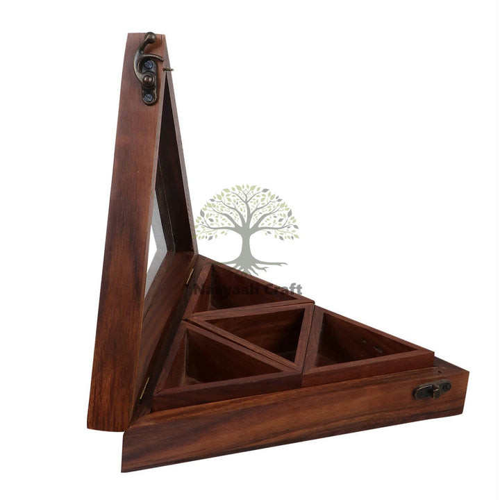 Naayaab Craft Sheesham Wooden Masala Spice Box with Spoon - Anjarai Petti - Spice Box - Triangular Design