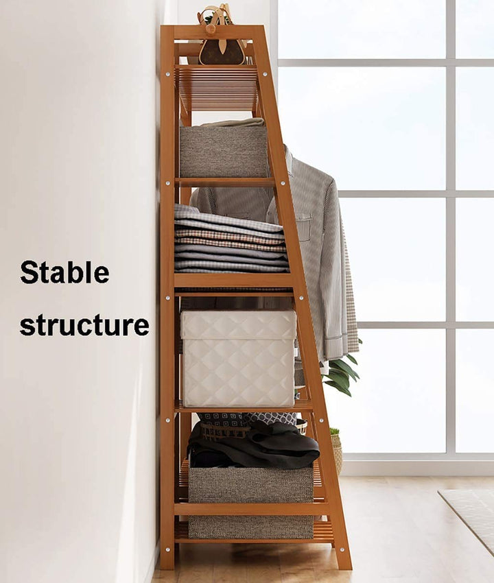 Naayaab Craft Bamboo Clothes Rack Heavy Duty Garment Stand Coat Hanging Stand, 5 Tier Storage Shelves Closet Organizer for Bedroom, Living Room & Entryway - (Size : 130 * 40 * 140cm)