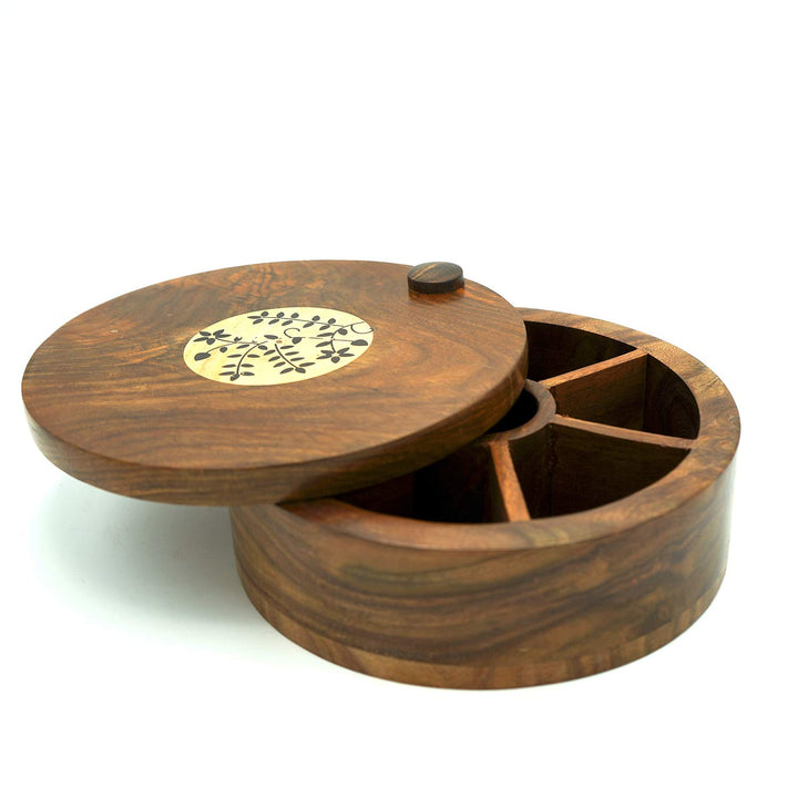 Naayaab Craft Sheesham Wooden Masala Box With Spoon - Spin Round Design - 10 inch