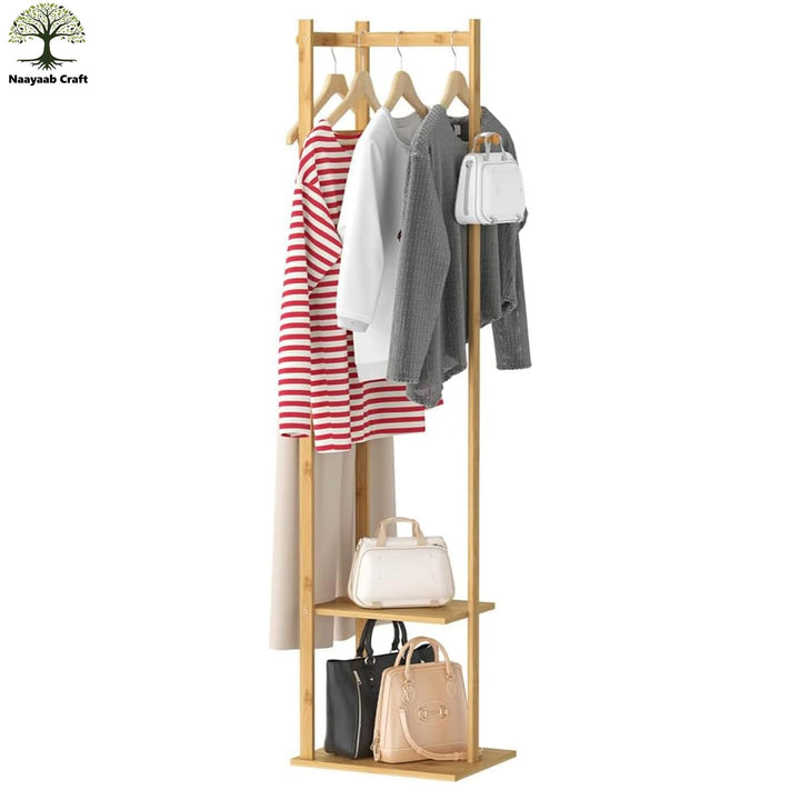 Naayaab Craft Freestanding Bamboo Wooden Corner Coat Hanger Stand with 2 Shelf, 3 Trouser Rod & 3 Hooks for Entryway, Living Room, Bedroom & Office (38 x 30 x 160) CM - Beige