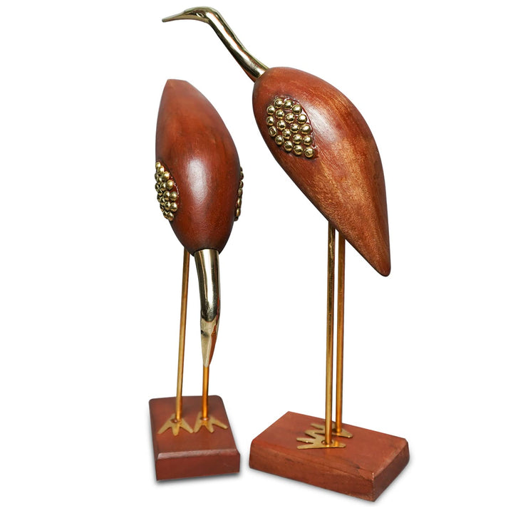 Naayaab Craft Wooden and Brass Saras,Wooden Antique Decorative Saras Swan Crane Love Birds Fantasy Showpiece for Home Decor-Set of 2,Size:- Big(5 X 9 X 29Cm)&Small(5 X 9 X 20Cm)