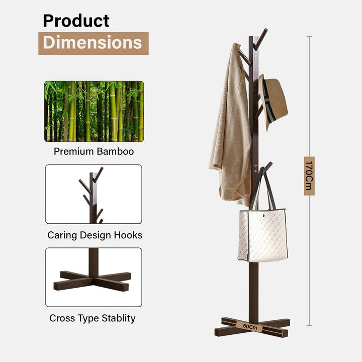 Naayaab Craft Clothes Rack Free Standing Tree Shaped Bamboo Coat Stand with 8 Hooks for Hanging Coats Hats Bag - Cloth Stand (50 x 50 x 151cm) - Dark Brown