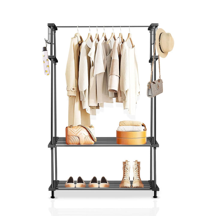 LEOPAX Cloth Rail Garment Rack With 2 Shelves&10 Side Hook With Bottom Shelf And Shoe Clothing Storage Organizer Shelves-Black (84 X 31 X 140Cm, Metal)