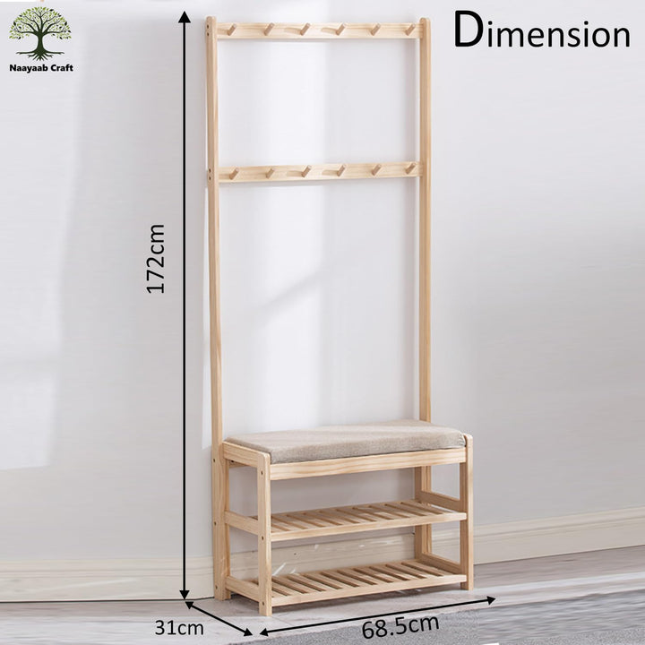 Naayaab Craft Freestanding Bamboo Coat Rack with Shoe Bench with 12 Coat Hooks and 2 Shoe Storage Shelves for Living Room - (70 x 31 x 172 cm) - Beige