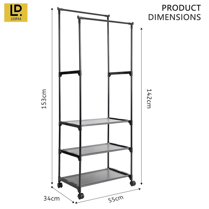 LEOPAX Heavy Duty Garment Rack, Multipurpose Dual Pole Metal Cloth Storage Organizer with 3 Bottom Shelves & Wheels for Bedroom, Hallway & Entryway - Size - (55 x 34 x 153) cm - Black