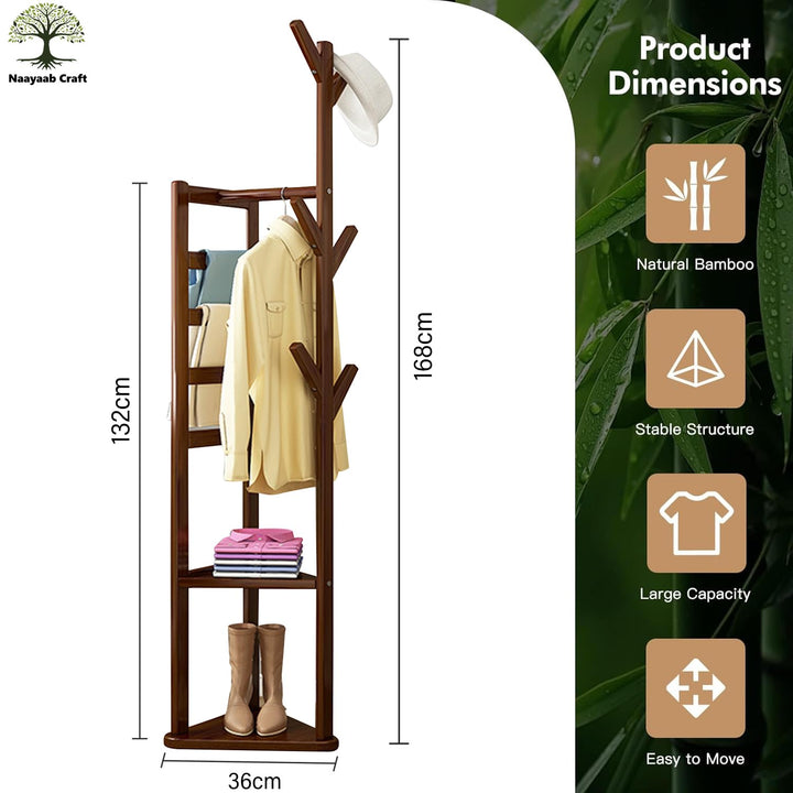 Naayaab Craft Premium Bamboo Wooden Coat Rack Stand with 6 Hooks, 4 Trouser Racks & 2 Storage Shelf, Multipurpose Freestanding Storage Organiser Garment Stand (36 x 36 x 168) CM - Light Brown