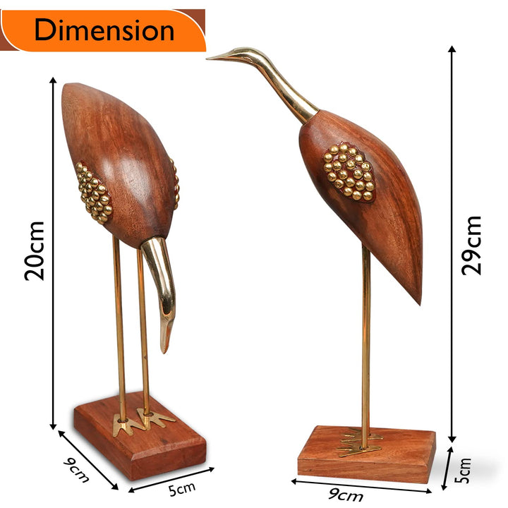 Naayaab Craft Wooden and Brass Saras,Wooden Antique Decorative Saras Swan Crane Love Birds Fantasy Showpiece for Home Decor-Set of 2,Size:- Big(5 X 9 X 29Cm)&Small(5 X 9 X 20Cm)