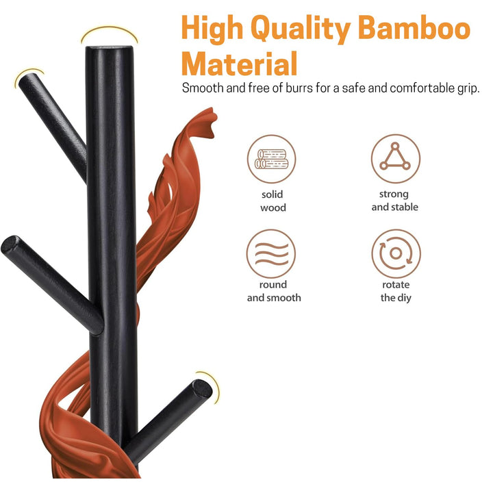 LEOPAX Premium Bamboo Wooden Coat Rack Stand, Freestanding Clothes Rack with 8 Hooks,Garment Stand for Coats, Hats, Scarves & Handbags Dress Hanging Stand - (50 x 50 x 170) CM - Black