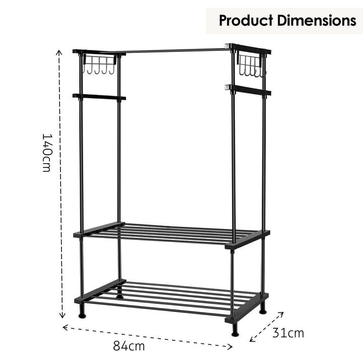 LEOPAX Cloth Rail Garment Rack With 2 Shelves&10 Side Hook With Bottom Shelf And Shoe Clothing Storage Organizer Shelves-Black (84 X 31 X 140Cm, Metal)