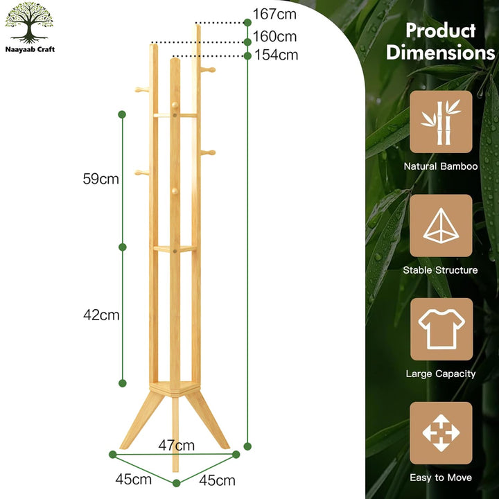 Naayaab Craft Multipurpose Bamboo Coat Hanger Stand with 3 Shelf for Hats, Bags, Coats, Scarves, Jackets & Umbrellas, Corner Coat Rack for Bedroom, Living Room Or Entryway (45 x 45 x 167) CM - Beige