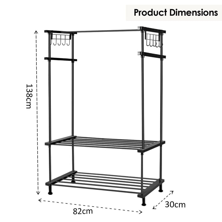 LEOPAX 2-In-1 Metal Garment Rack With Clothes Hanger, 2 Tier Wire Coat Storage Organizers Laundry Holders With 2 Metal Shelves And 10 Side Hook For Home, Garment Rack Black, 30 X 82 X 138 Cm