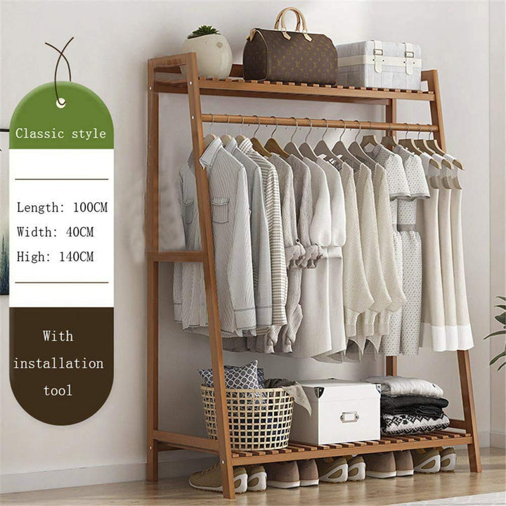 Naayaab Craft Multifunctional Bamboo Coat Rack, Cloth Stand with Rack, Top Shelf & Shoe Stand Clothing Storage Organizer Shelves for Hallway, Living Room (L-100 x W-40 x H-140) CM
