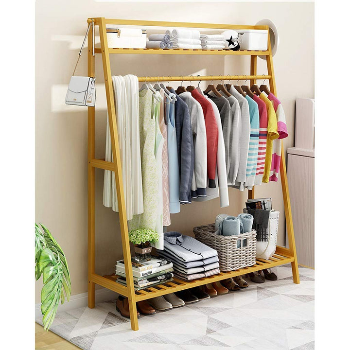 Naayaab Craft Multifunctional Bamboo Coat Rack, Cloth Stand with Rack, Top Shelf & Shoe Stand Clothing Storage Organizer Shelves for Hallway, Living Room (L-100 x W-40 x H-140) CM