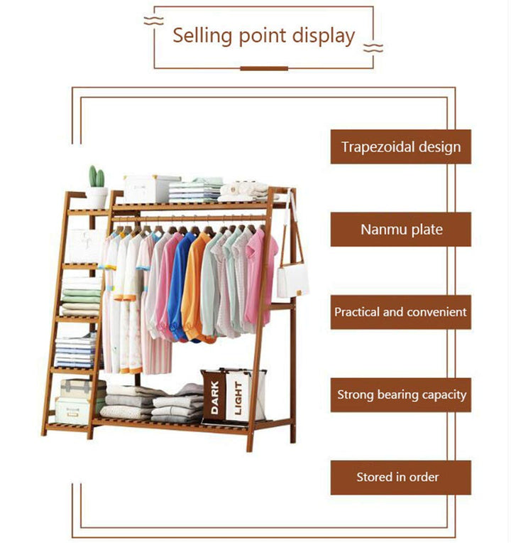 Naayaab Craft Bamboo Clothes Rack Heavy Duty Garment Stand Coat Hanging Stand, 5 Tier Storage Shelves Closet Organizer for Bedroom, Living Room & Entryway - (Size : 130 * 40 * 140cm)