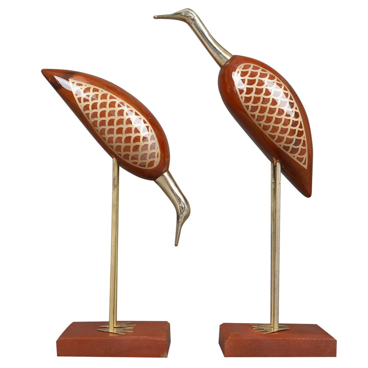 Naayaab Craft Wooden Decorative Items for Home, Brass Swan Crane, Love Birds Showpiece, Antique Decorative Saras for Home Decor - Set of 2 (12inch)