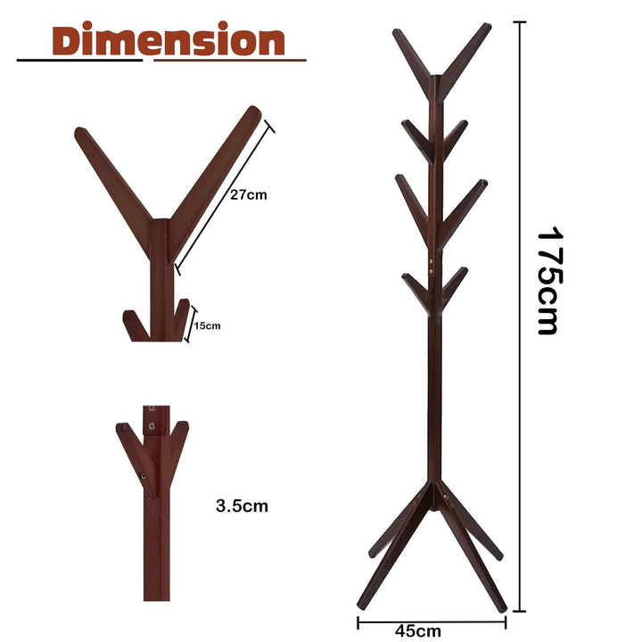 Naayaab Craft Coat Rack Free Standing Bamboo Coat Stand with 8 Hooks For Organize Hats Scarves, Clothes, Handbags for Entry Hallway Bedroom Reception Room - Dark Brown - Size (45 x 45 x 175 cm)