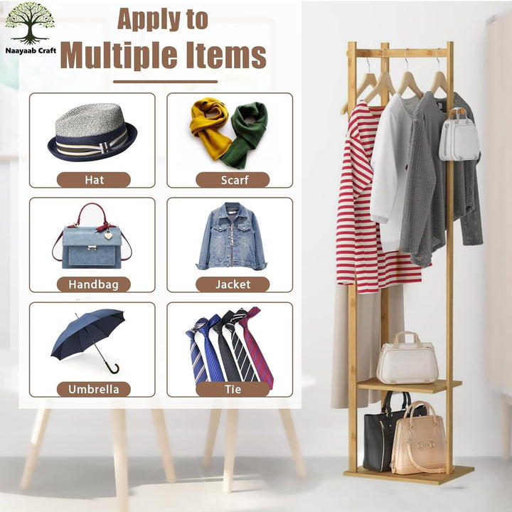Naayaab Craft Freestanding Bamboo Wooden Corner Coat Hanger Stand with 2 Shelf, 3 Trouser Rod & 3 Hooks for Entryway, Living Room, Bedroom & Office (38 x 30 x 160) CM - Beige